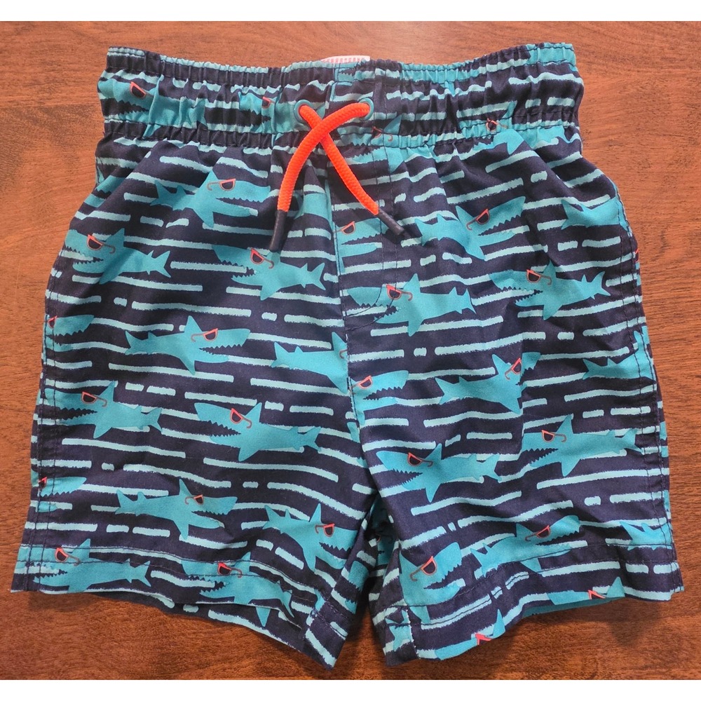 Cat & Jack Boys Blue Shark Print Swim Trunks Sunglasses Mesh Liner 3T